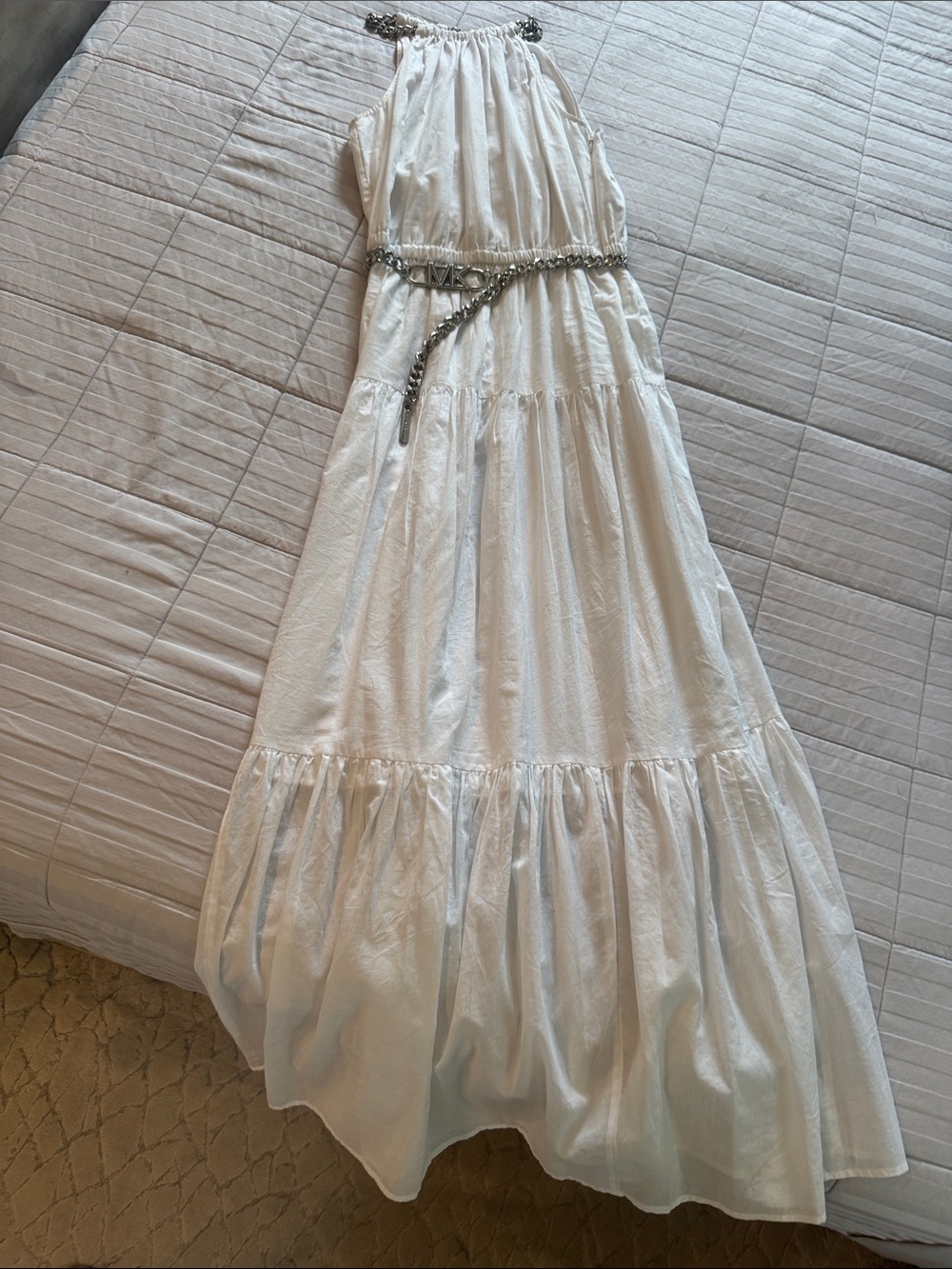 Michael Kors White Halter Tiered Maxi Dress with Silver Accent Belt - Picture 1 of 6